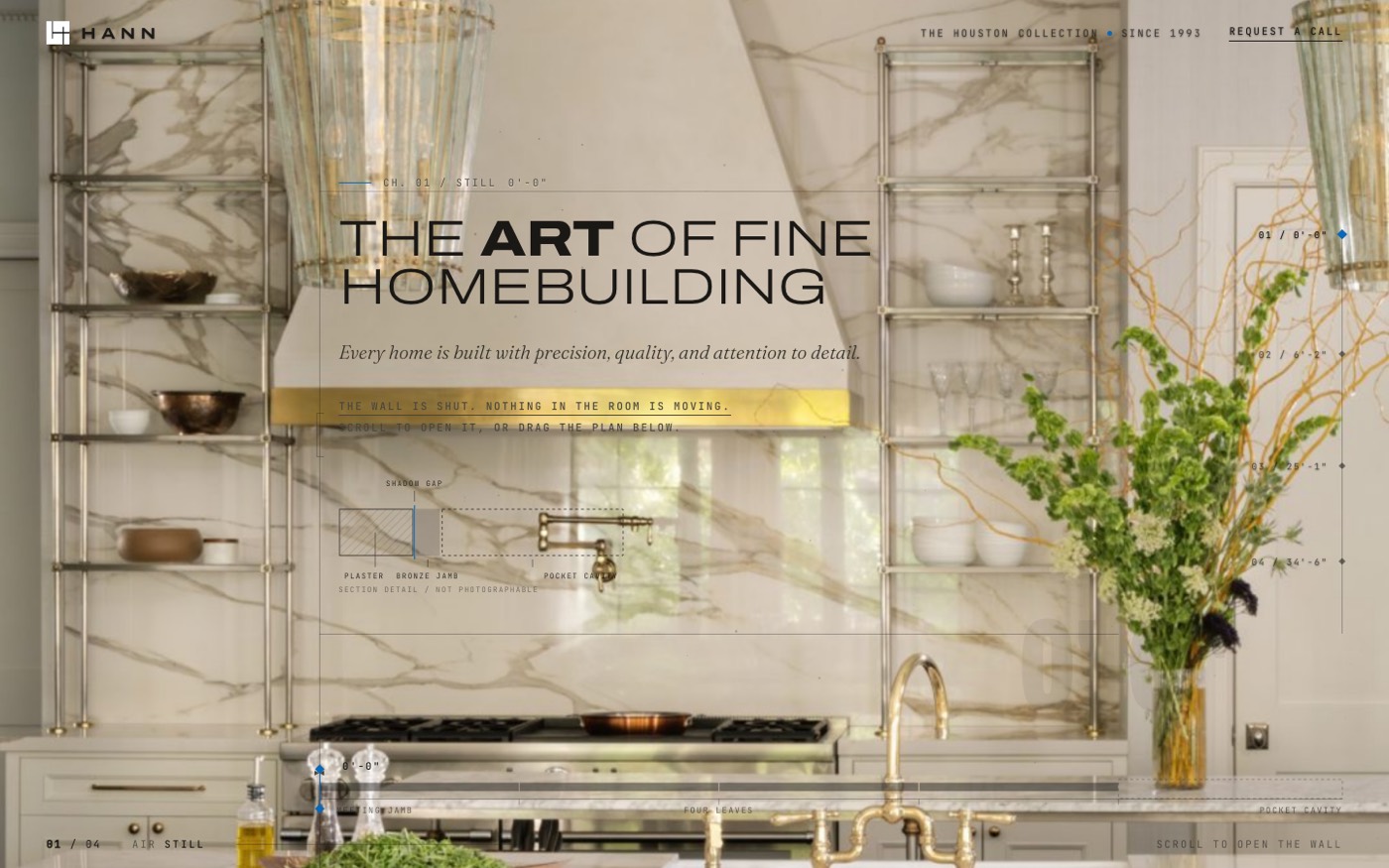 Hero B opening frame: Hann Calacatta marble kitchen with the headline The Art of Fine Homebuilding and a section detail overlay